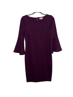 Calvin Klein Purple Bell Sleeve Sheath Dress W/ Gold Zipper Accent Size 6